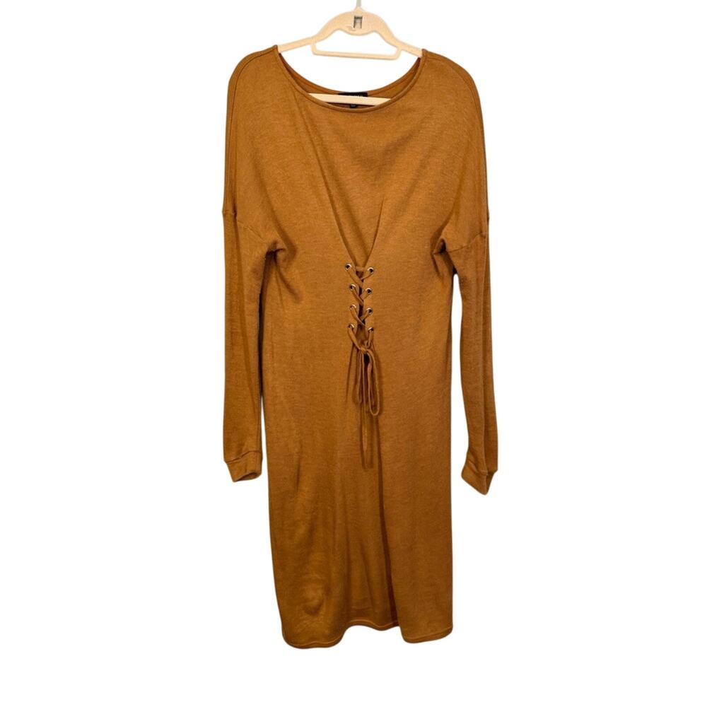 La Charme U Grommet Round Neck Long Sleeve Lace Up Midi Dress‎ Camel Brown Large